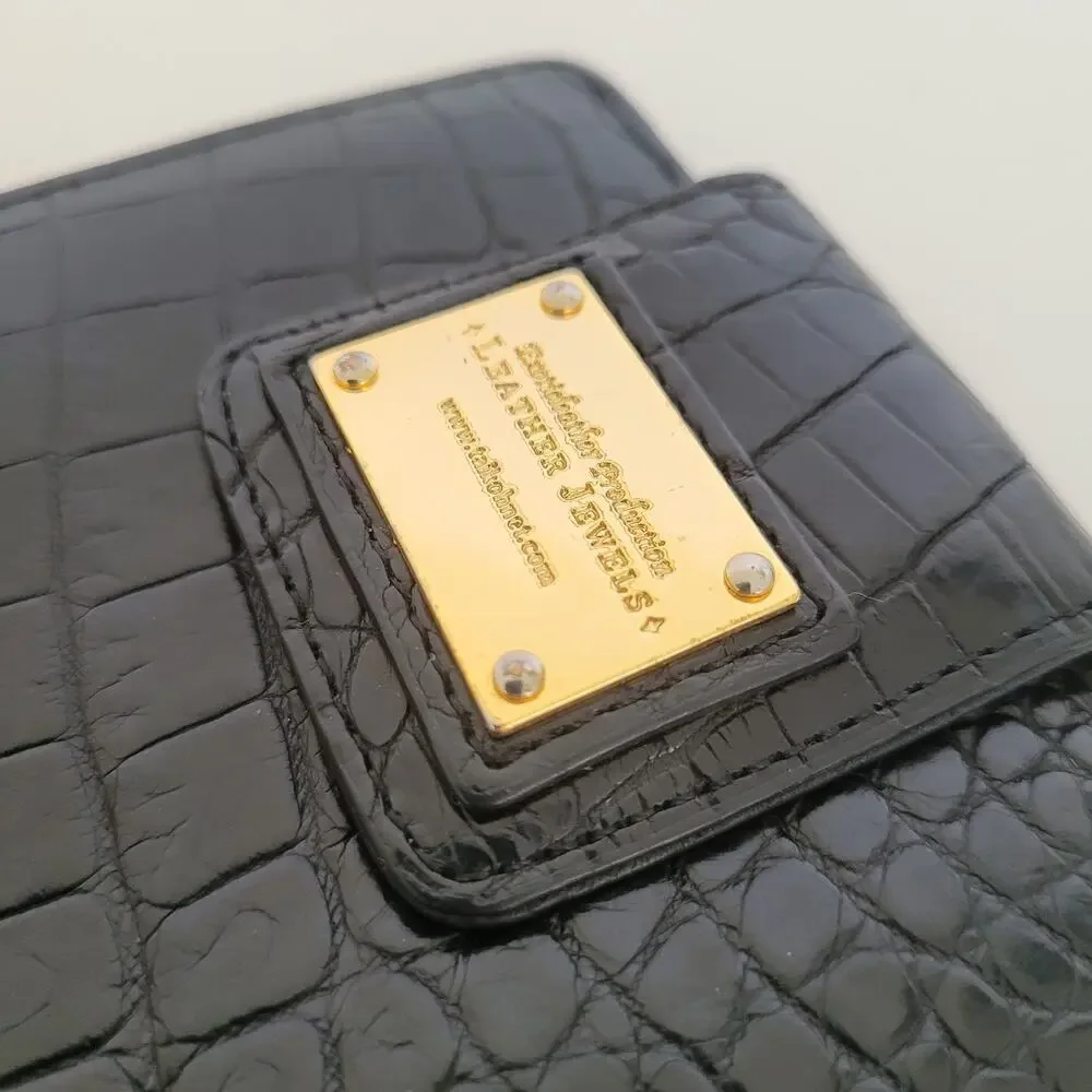 Leather Jewels Leather Wallet Bifold Credit Card Bill Croc Black‎ Small Compact